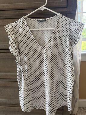 Adrianna Papell White and Black Polka Dot V-Neck Ruffle Sleeve Top